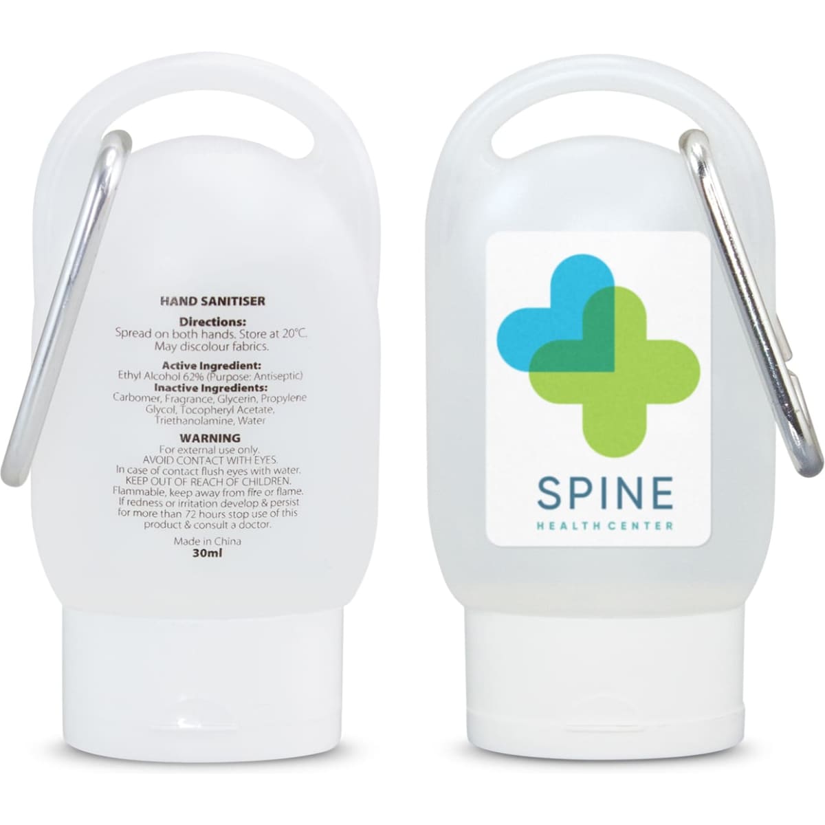 A white gel hand sanitiser bottle with a clip, featuring a logo and containing 30ml of product.