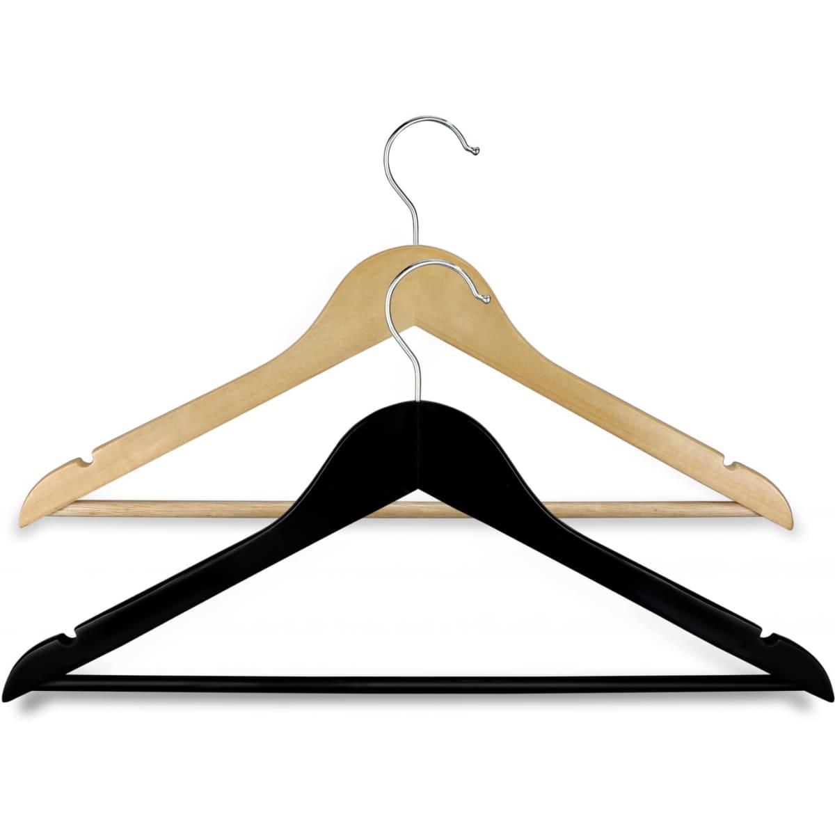 A wooden hanger set featuring a natural wooden hanger and a black hanger, both with metal hooks.