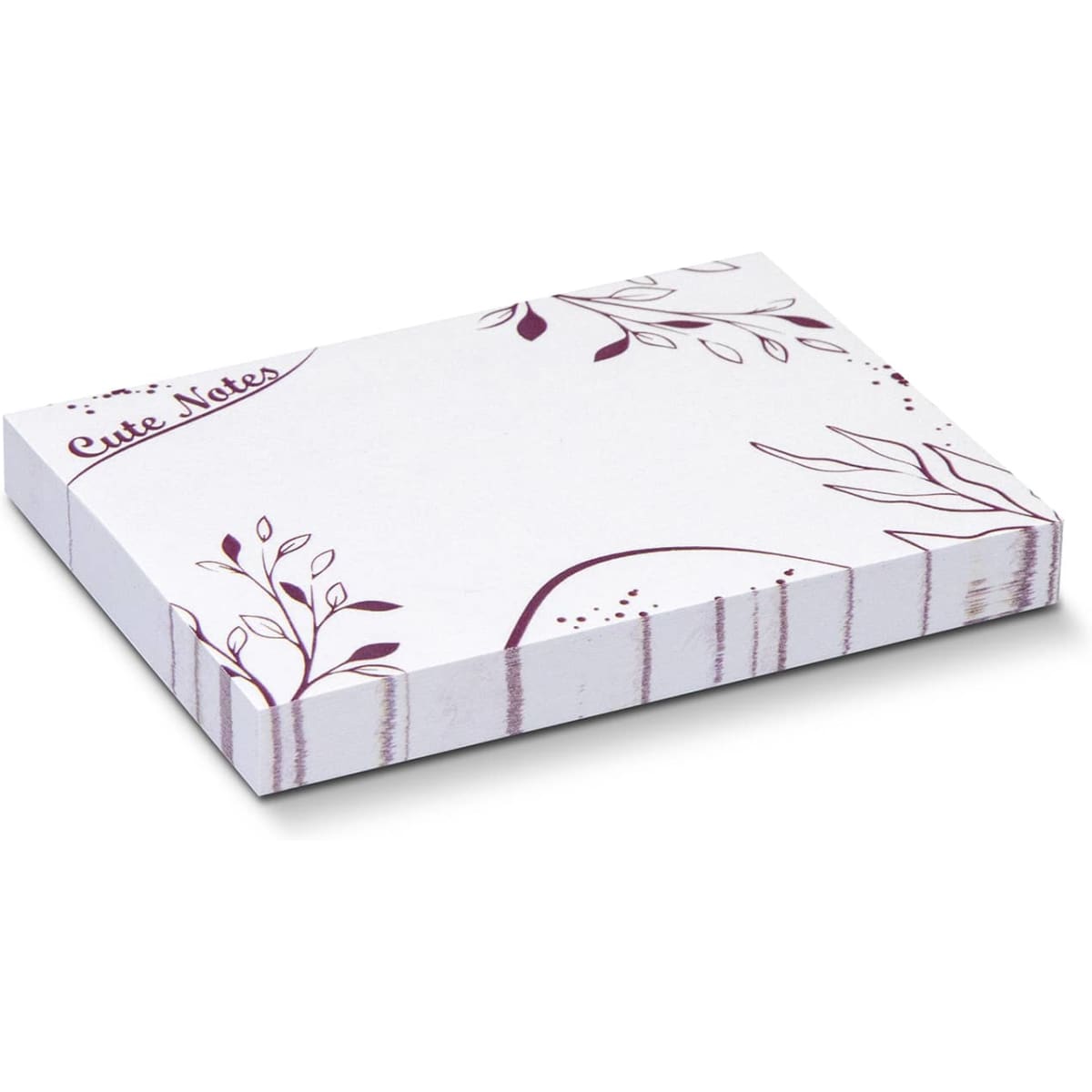 A white sticky pad with floral designs, featuring 100 sheets measuring 100 x 75mm and a branding logo.