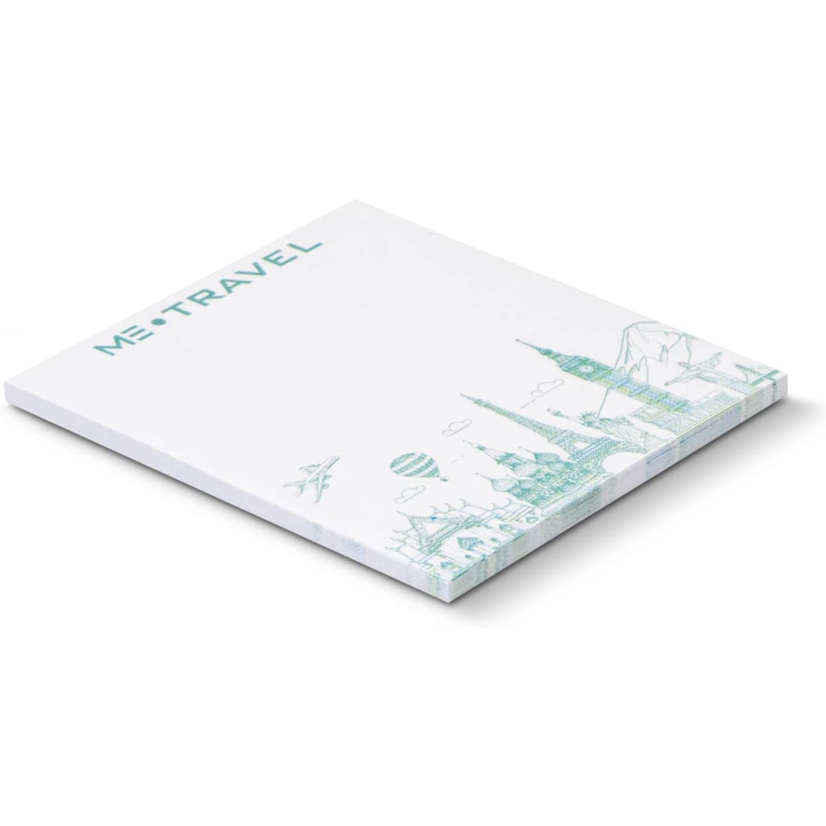 A sticky pad with a design featuring various landmarks, measuring 70 x 75mm, and containing 25 sheets.