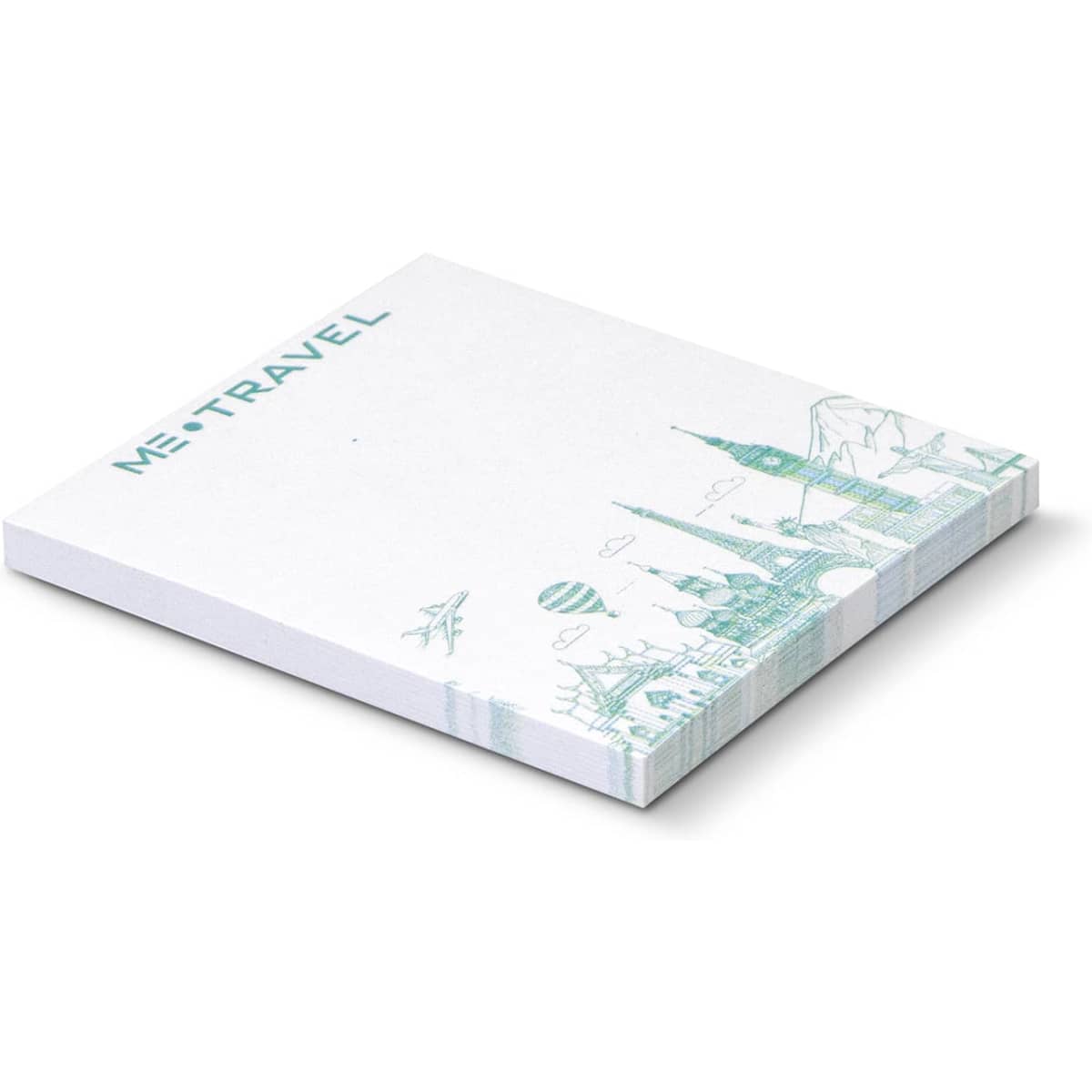A white sticky pad with a design featuring travel motifs, measuring 70 x 75mm and containing 50 sheets.