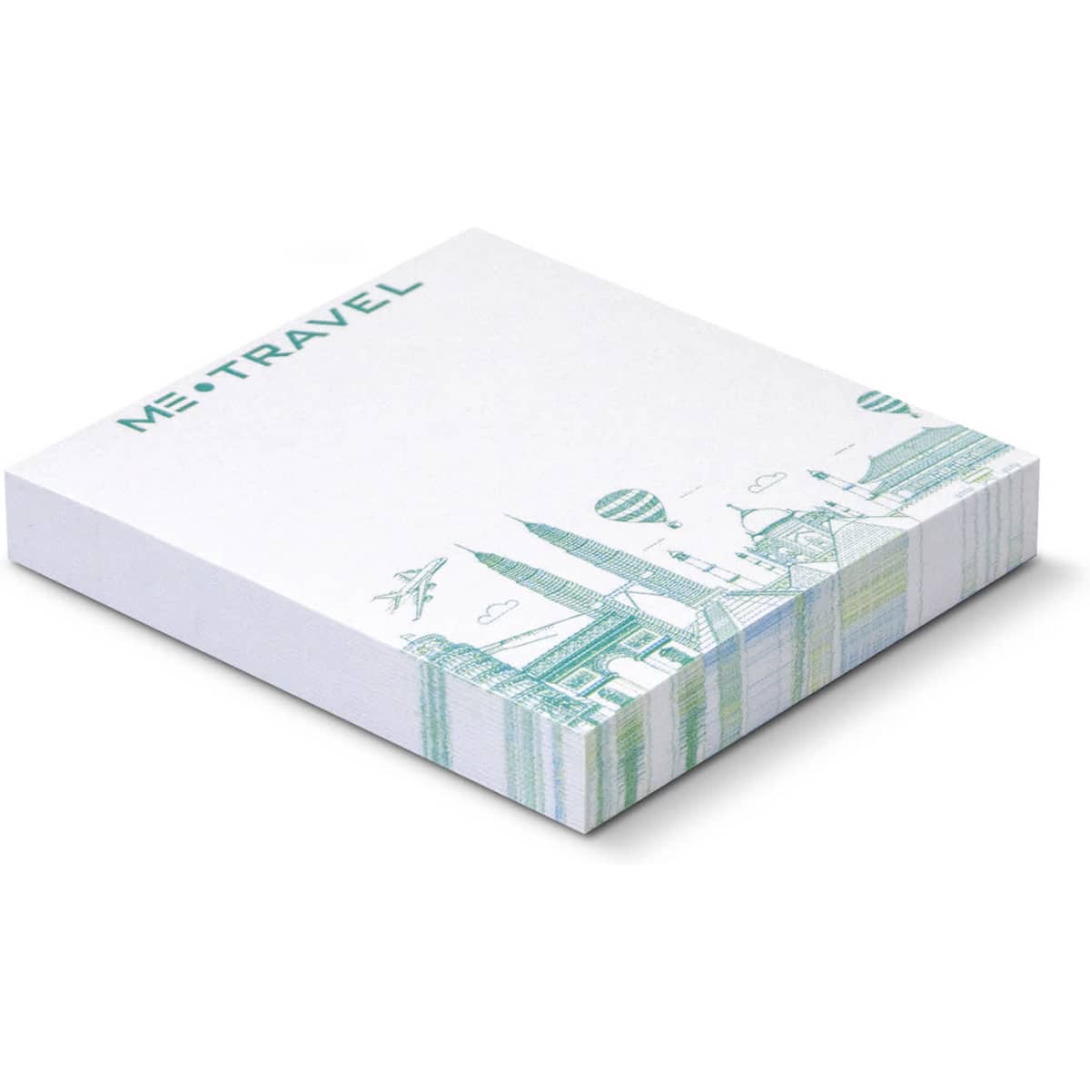 A stack of white sticky pads measuring 70 x 75mm, featuring a decorative design and a logo on the cover.