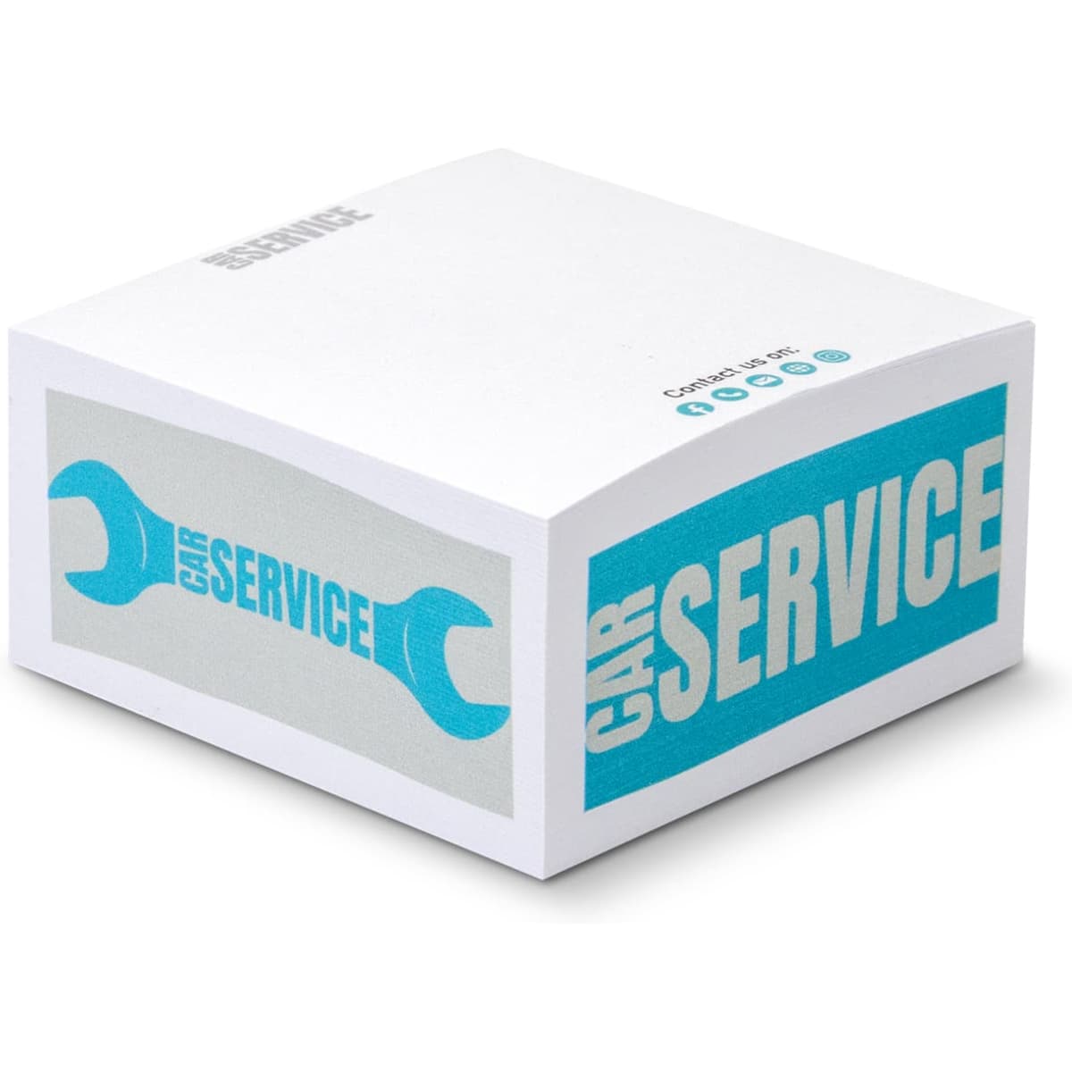 A white sticky cube with turquoise graphics featuring a wrench and text related to car service.