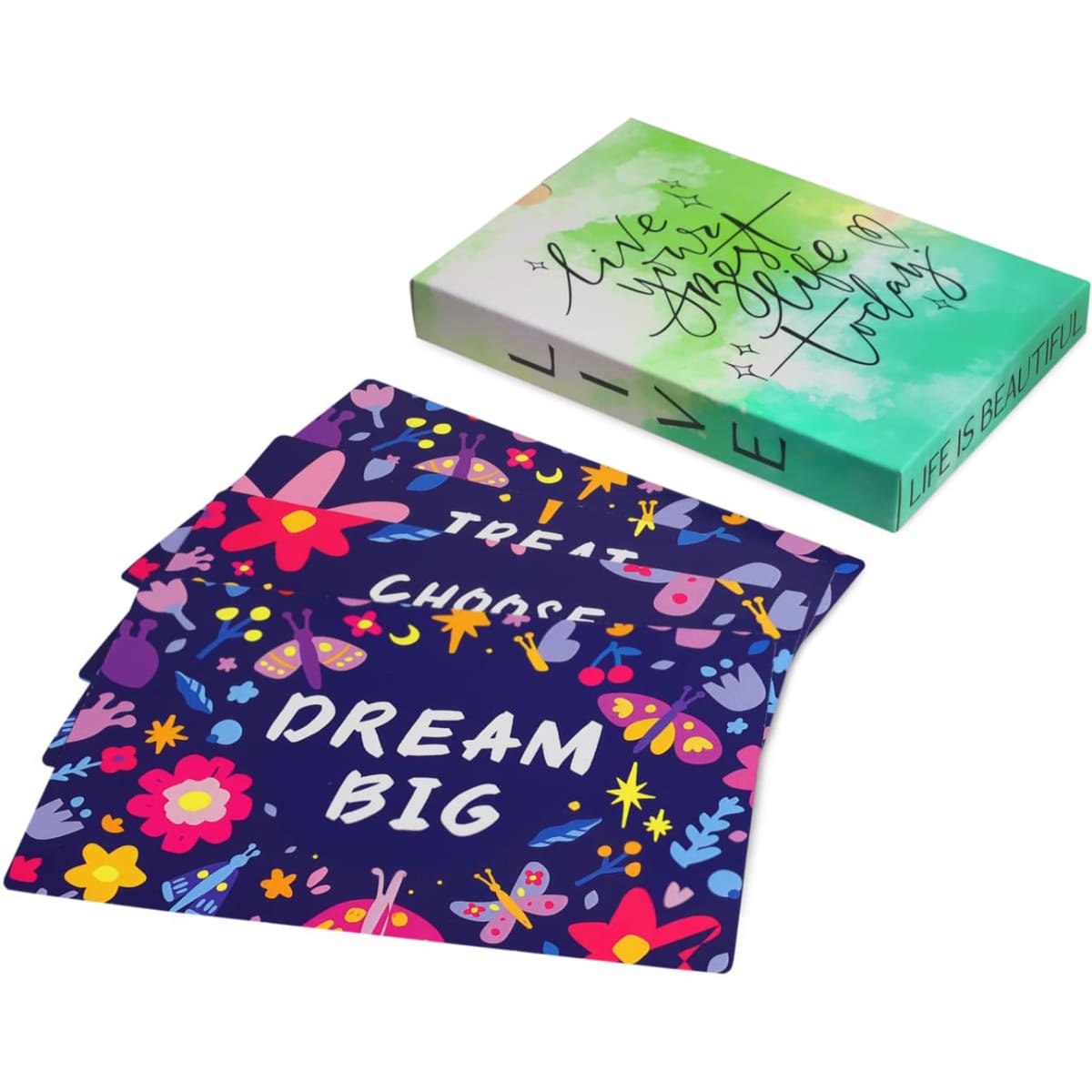 Custom Jumbo Cards in a colourful box, featuring vibrant floral designs and inspirational phrases.