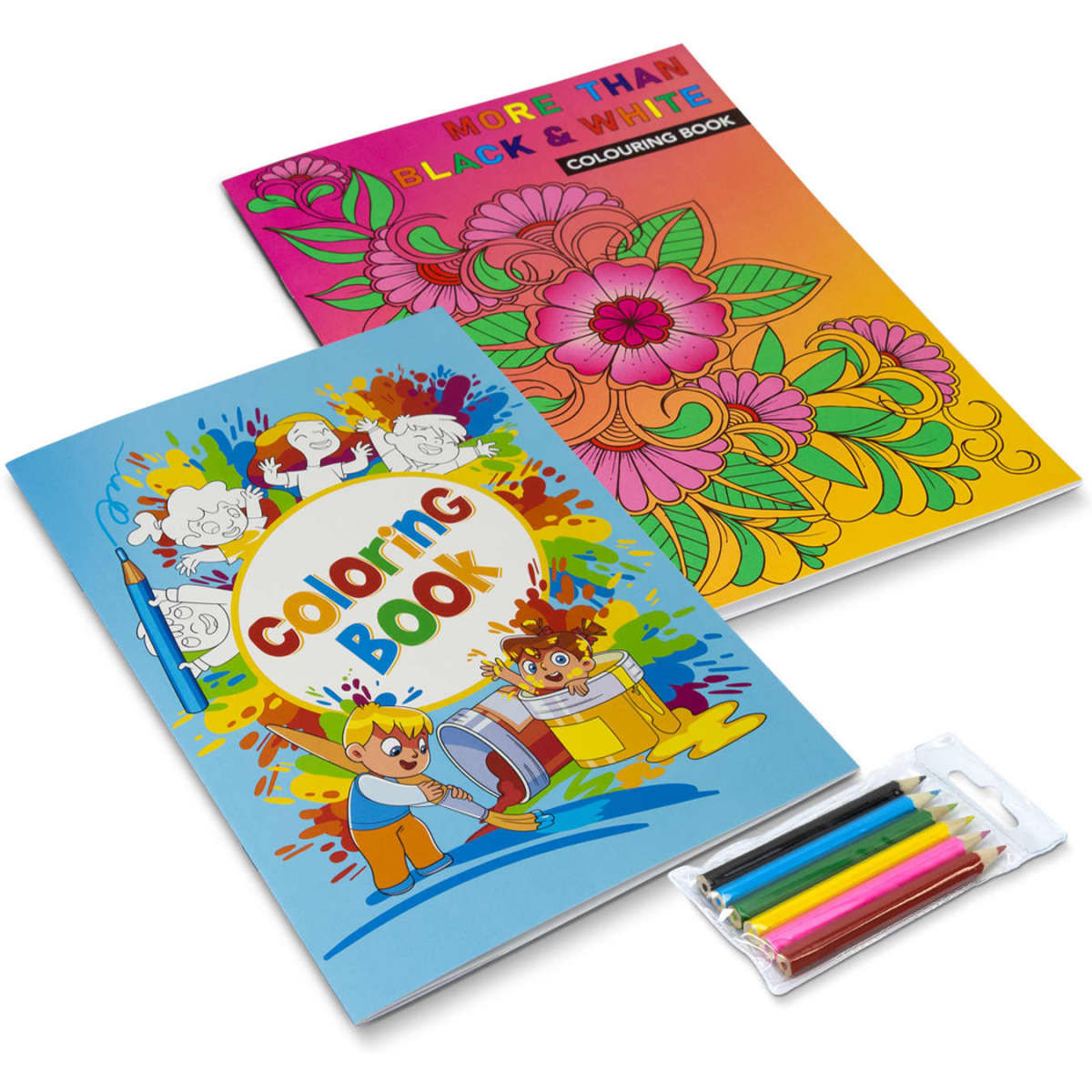 A4 colouring books featuring vibrant covers in blue and orange, accompanied by a set of coloured markers.