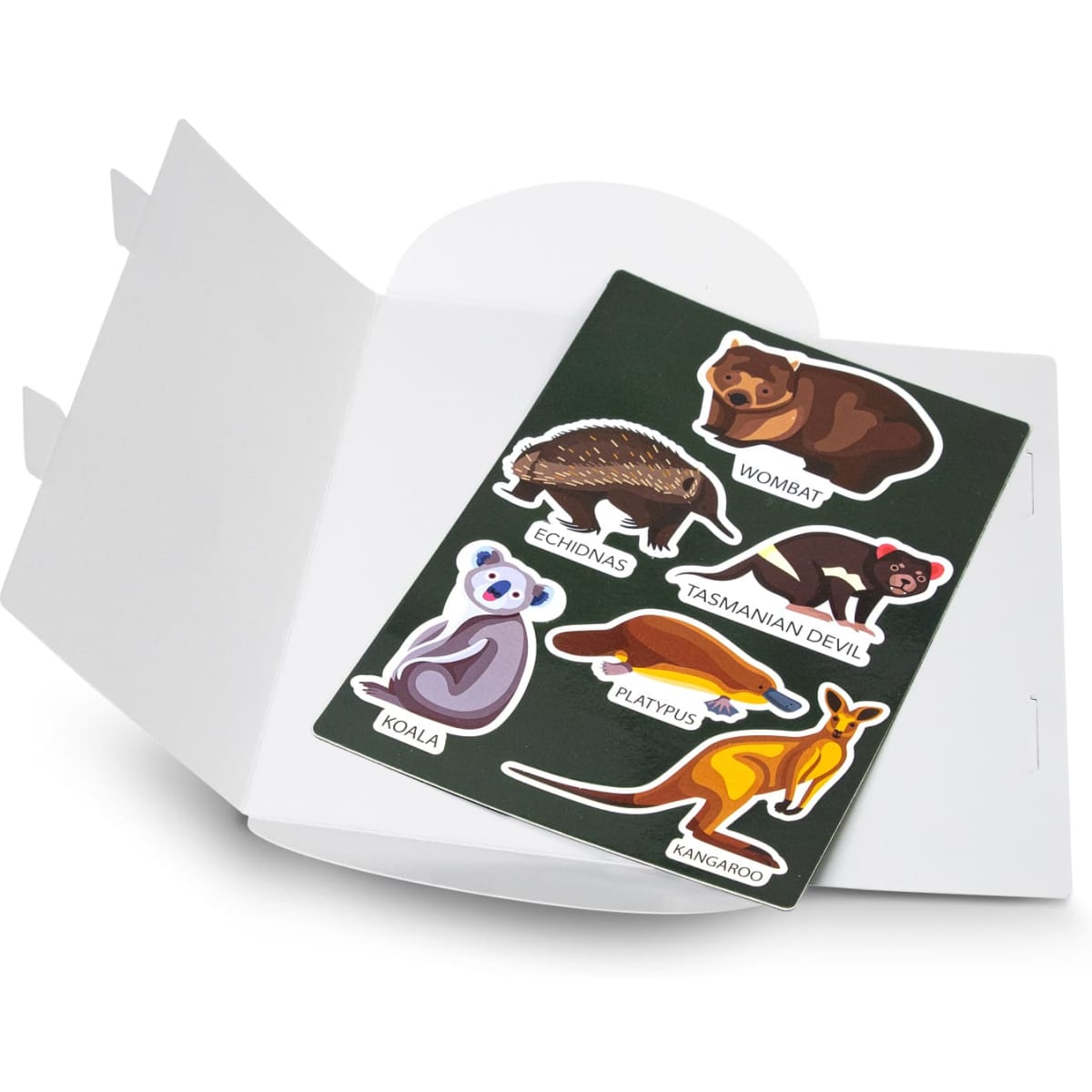 A custom die cut magnet sheet featuring Australian animals like a wombat, echidna, and kangaroo on a green background.