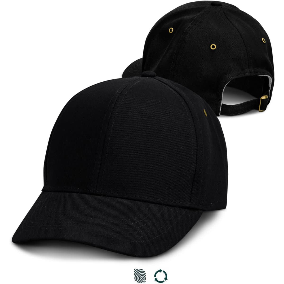 A black cap featuring a structured design, with an adjustable strap and brass details. It has a logo and showcases a classic style.