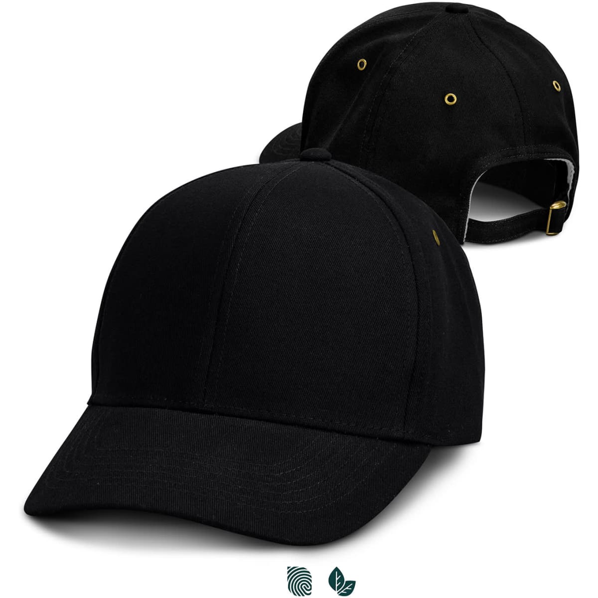 A black cap with a structured front and curved peak, featuring a logo and adjustable strap at the back.