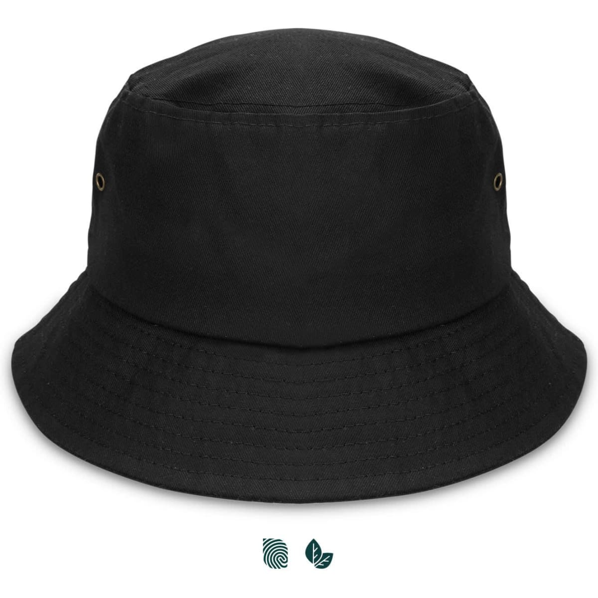 A black organic bucket hat with a simple design and eyelets, featuring a logo.