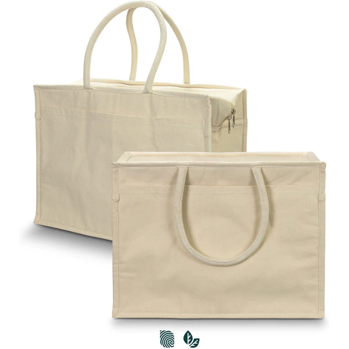 A beige shopping cooler tote with two handles and a zipper, featuring an exterior pocket and branding on the front.