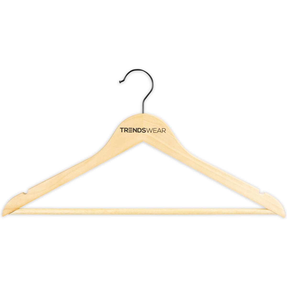 A wooden hanger in a natural finish with a black hook, featuring a logo on the top.