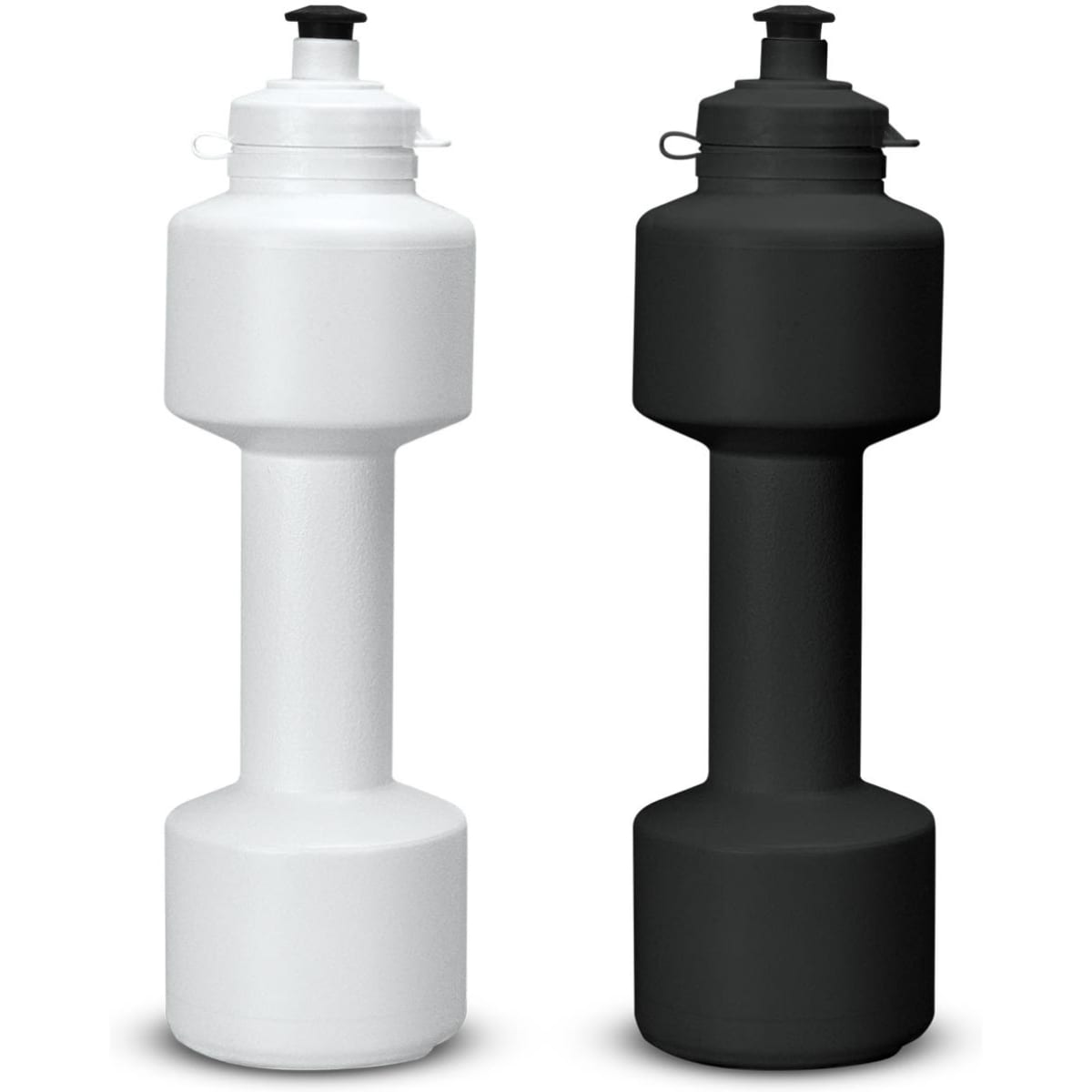 A drink bottle shaped like a dumbbell, available in white and black, with a screw-top lid and a logo.