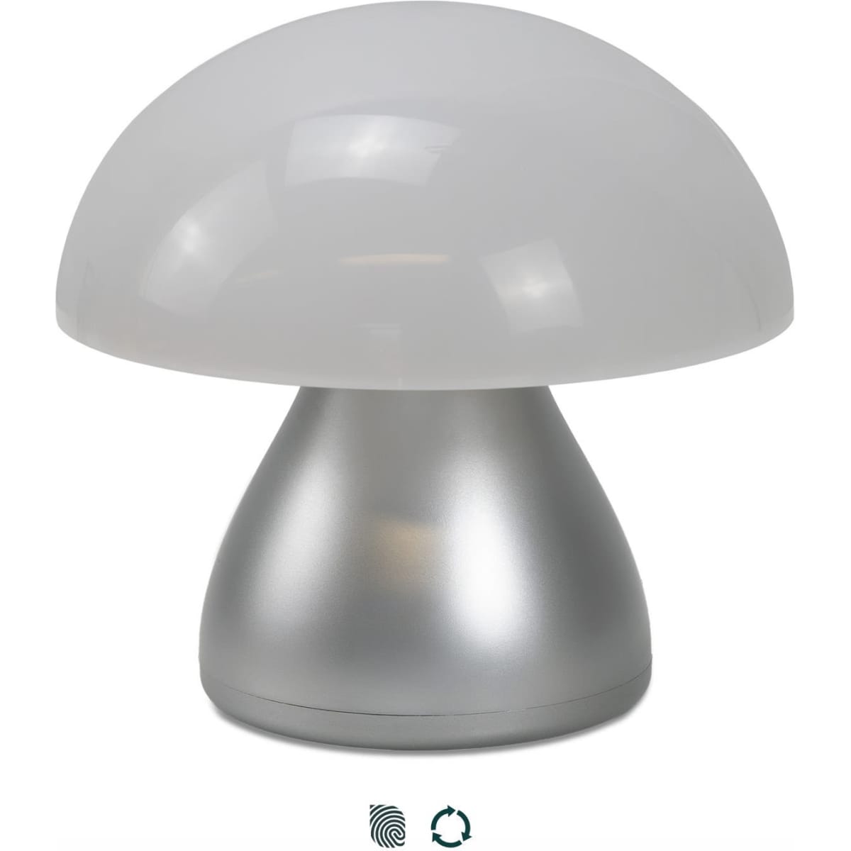 A Portobello Table Lamp featuring a frosted white dome and a silver base, with a modern, mushroom-like design.