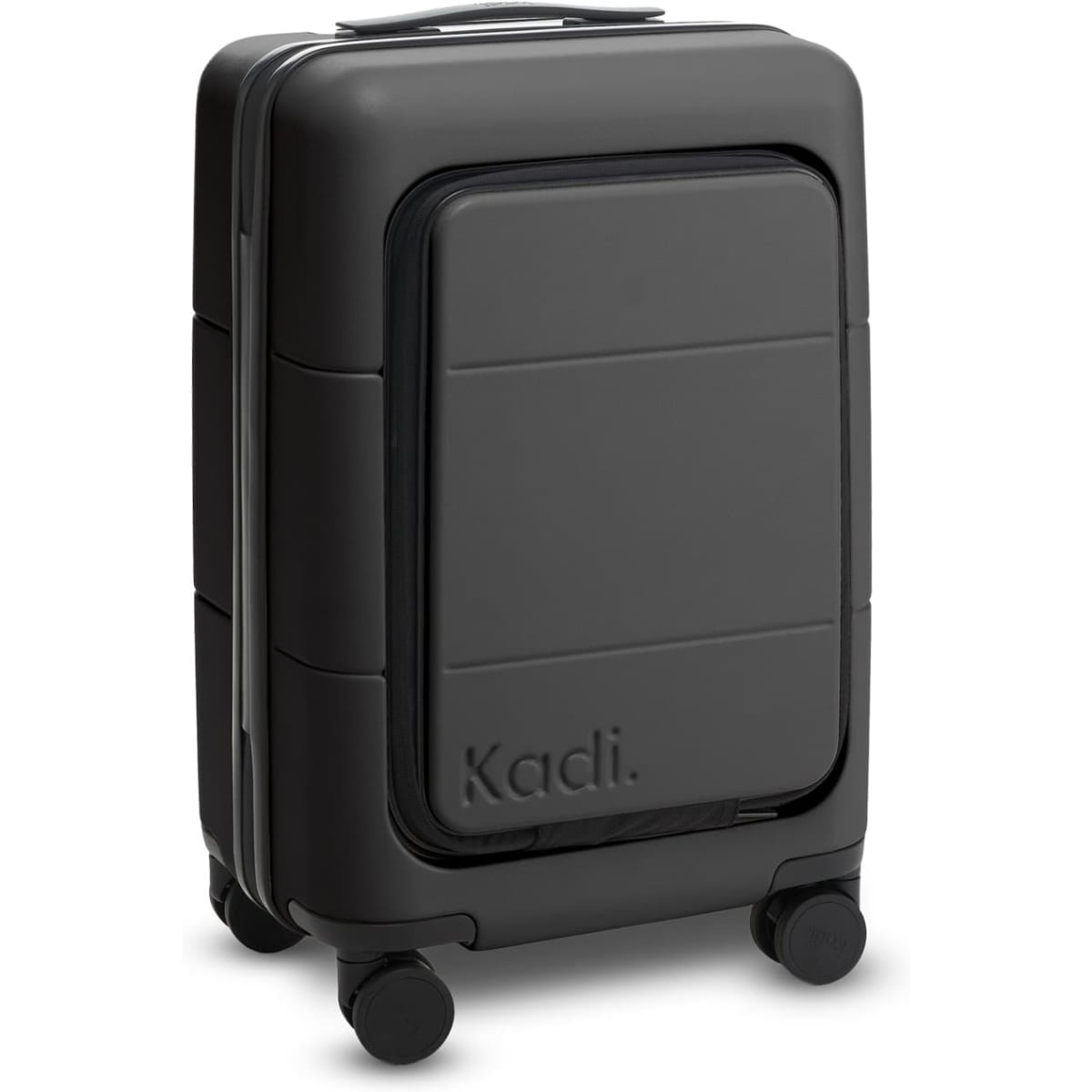 A black carry-on suitcase with a sleek design and wheels, featuring a logo on the side.