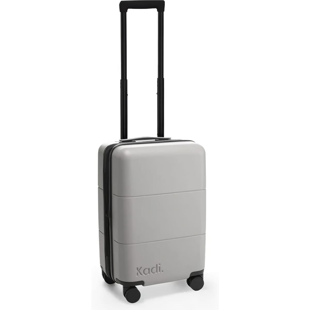 A grey carry-on suitcase with four wheels and a retractable handle, featuring branding on the side.