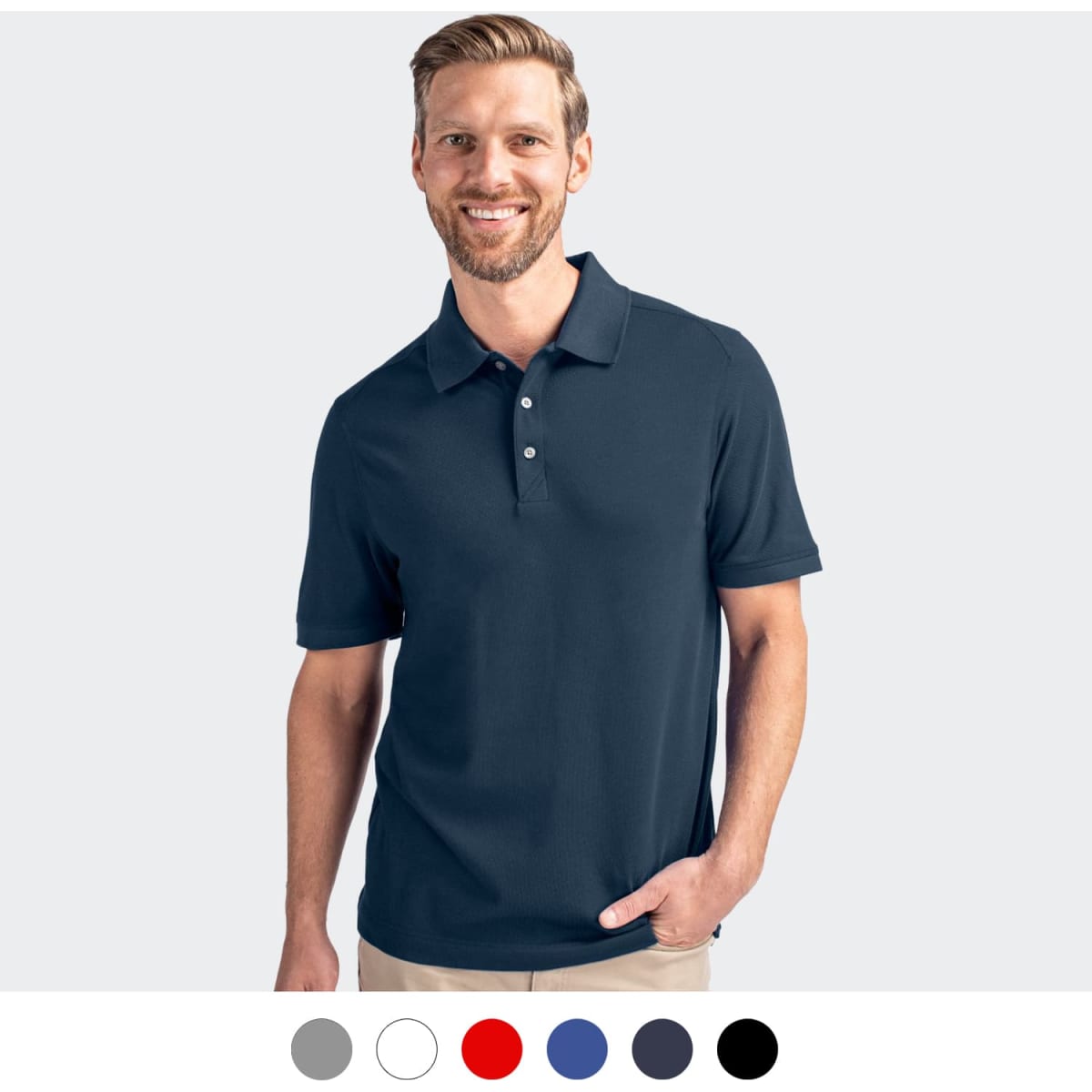A man wearing a navy polo shirt with a collar. The image features a selection of colour options below.
