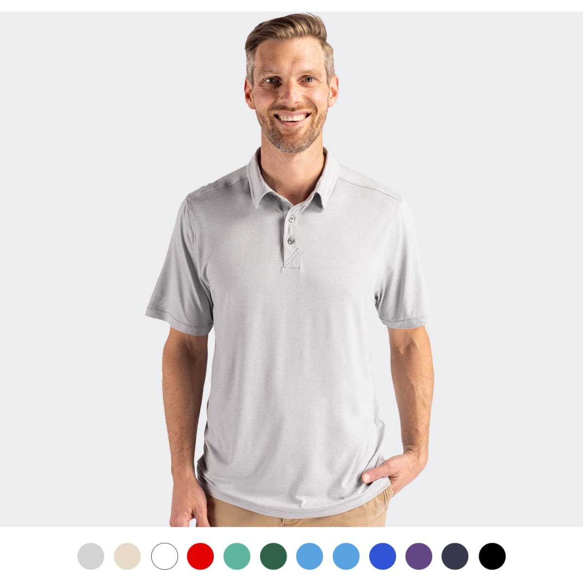 A light grey polo shirt on a smiling man, featuring a collar and buttons, with a branding logo.