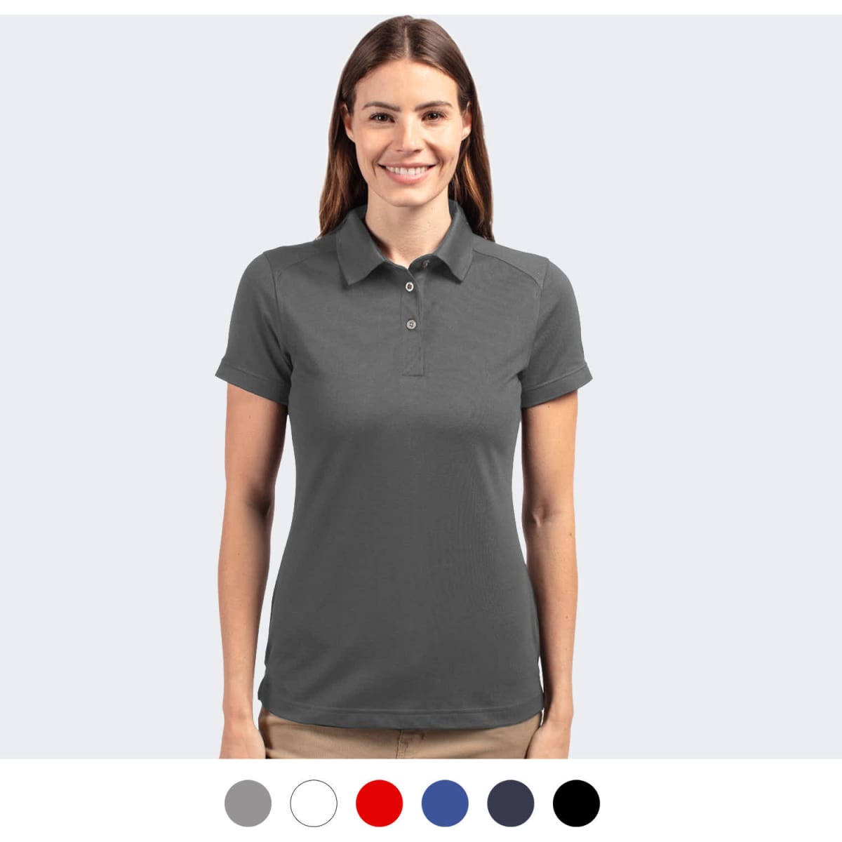 A women's polo in grey with a collar and short sleeves, featuring a logo. Available in multiple colours.