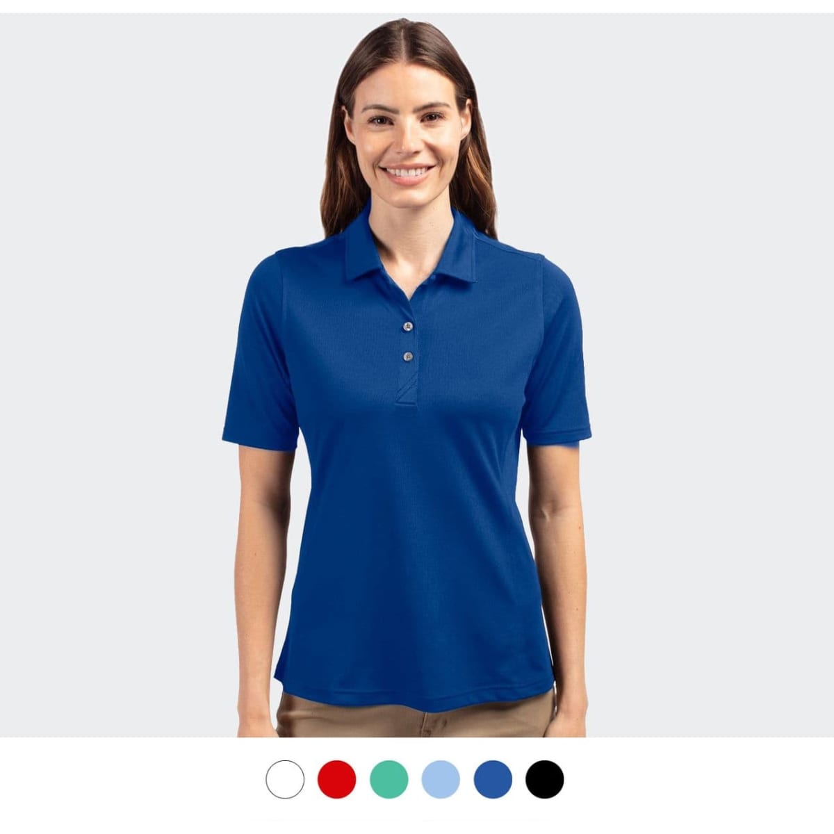 A blue women's polo shirt with a collar, featuring a logo and available in multiple colours.