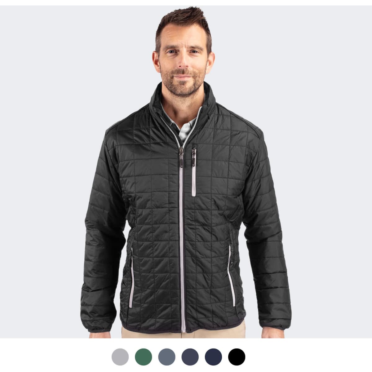 A black men's jacket featuring a quilted design, zippered pockets, and a logo on the chest.