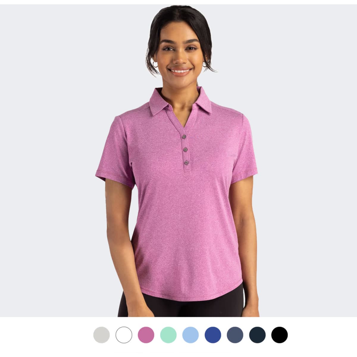 A women's polo in a vibrant pink hue, featuring a collar and button placket, with a logo present.
