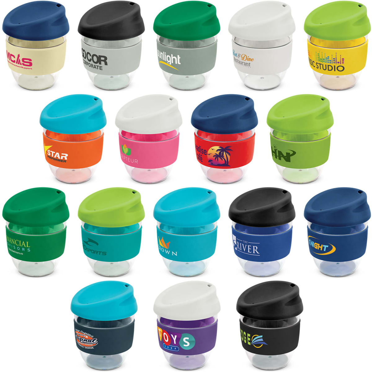 A collection of Nova Cups in various colours, featuring a range of designs and a logo on each cup.
