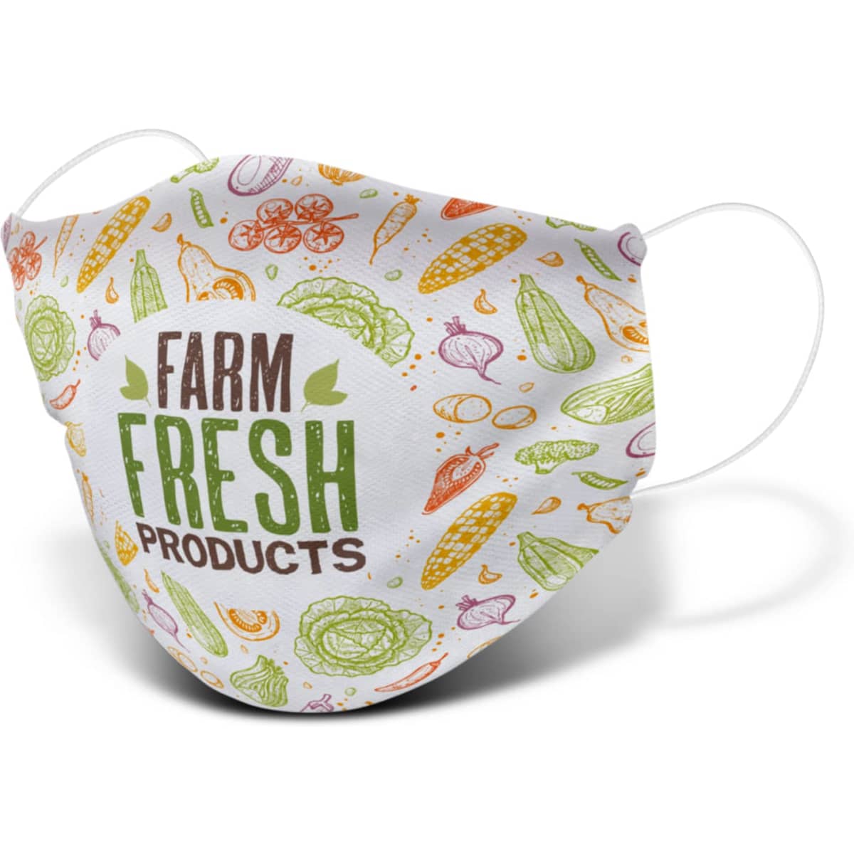 A large reusable face mask featuring a colourful pattern of vegetables with a logo.