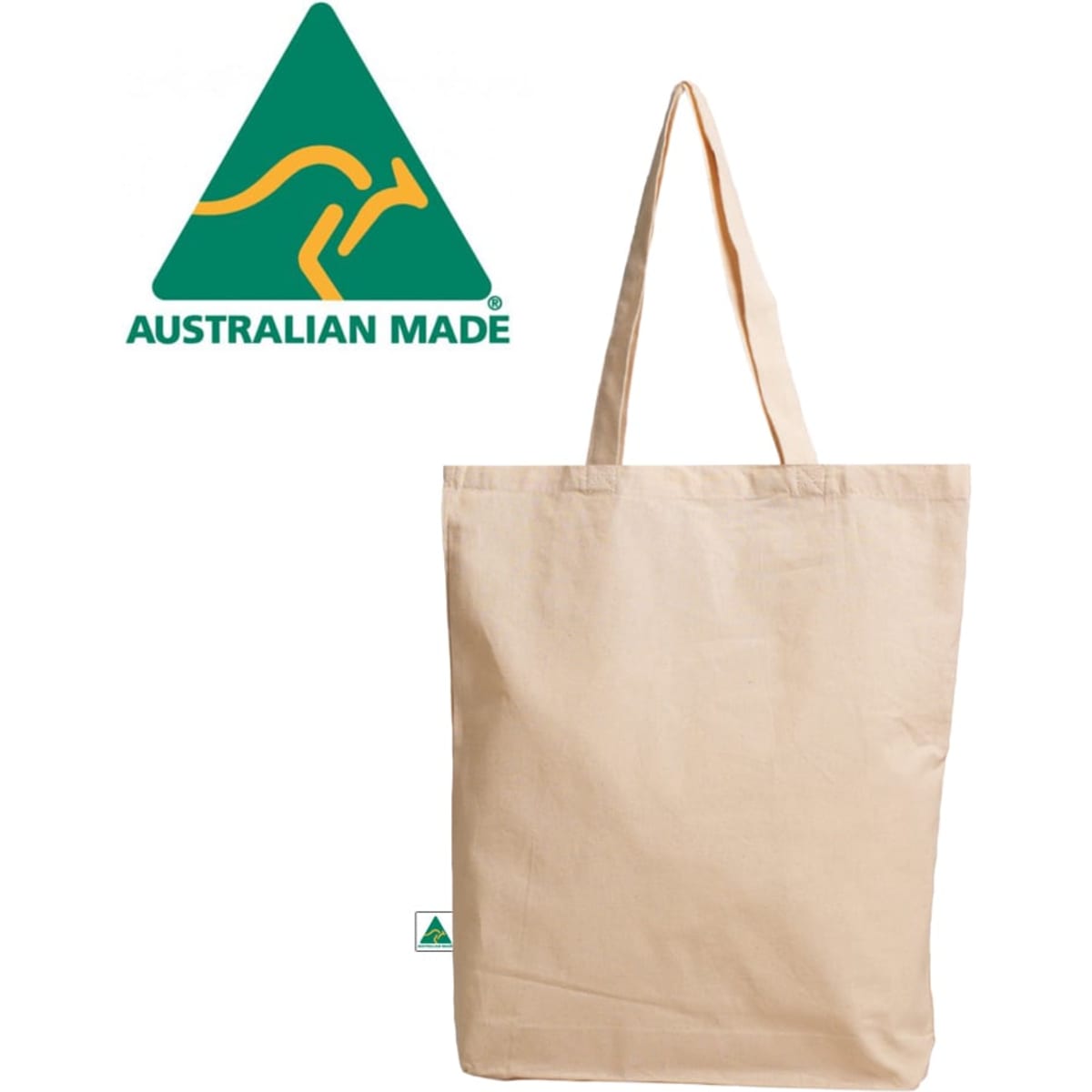 A beige cotton tote bag with two handles and an emblem indicating Australian made.