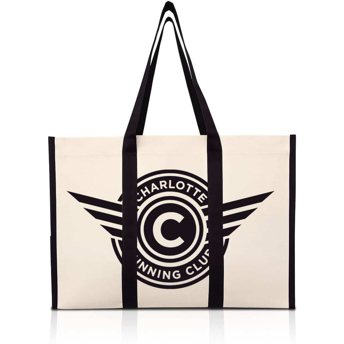 A heavy canvas tote bag in cream, featuring a large black logo with wings and black handles.