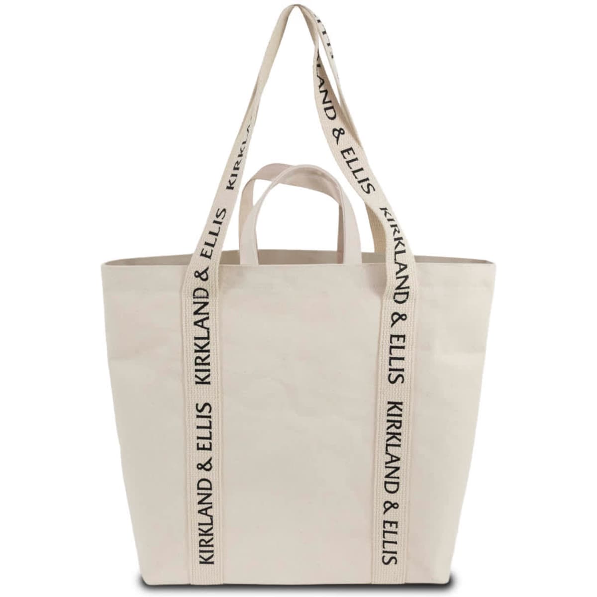 A beige double strap tote bag with contrasting strap detailing and a logo.