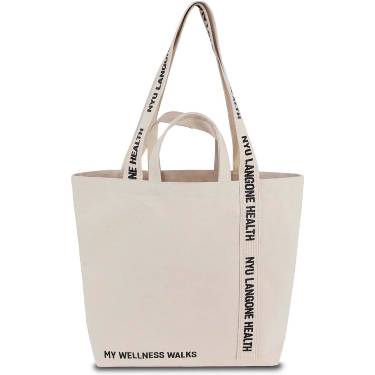 A cream tote bag with double straps and a single strap drop, featuring text and a logo on the straps.