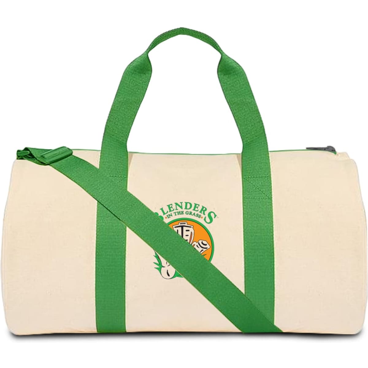 A heavy canvas duffle bag in cream with green straps and a logo on the side.