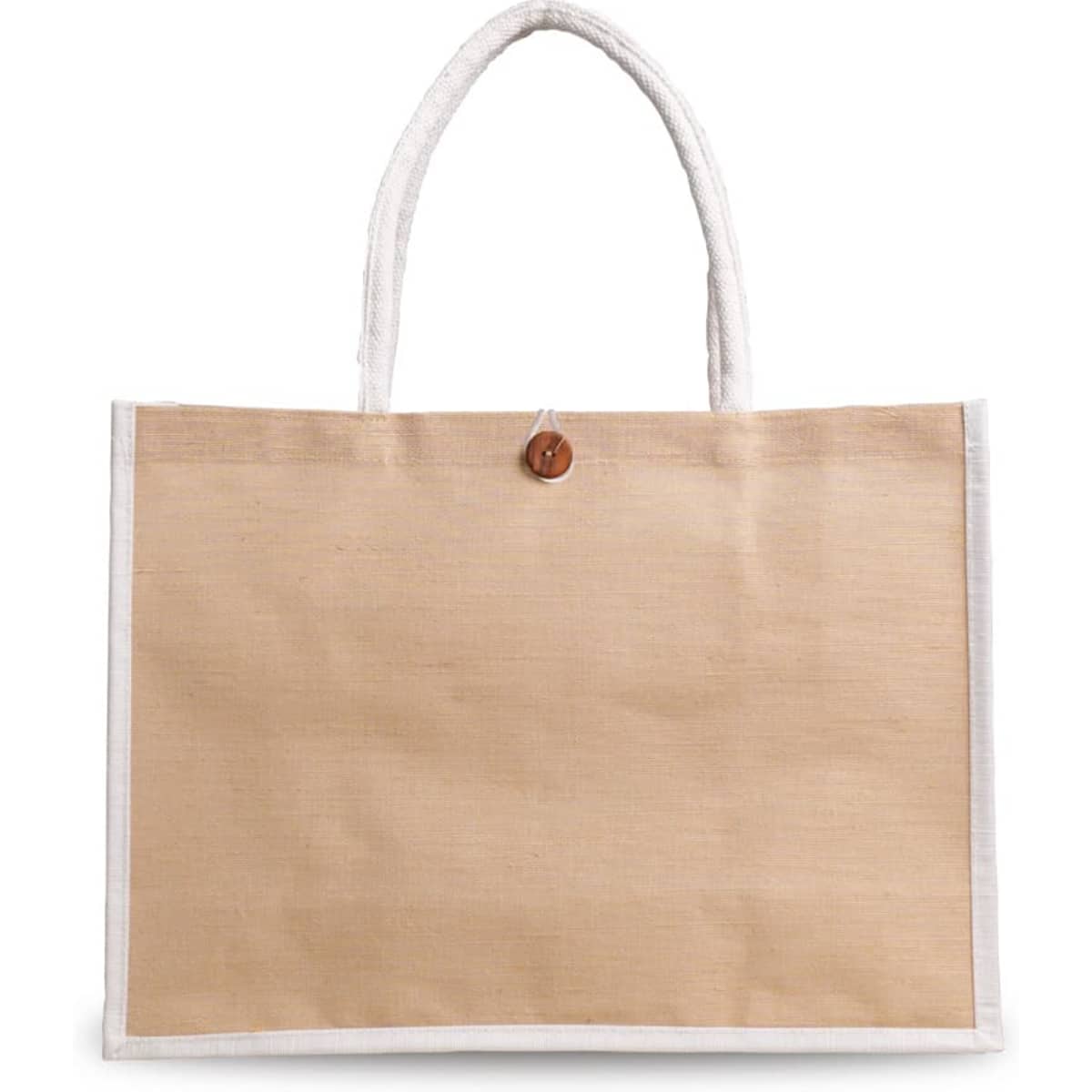 A natural jute bag in beige with white handles and a wooden button closure. Features a branding logo.