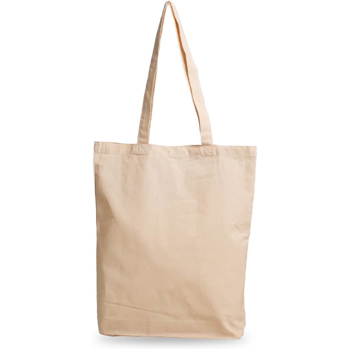 A beige tote bag with a bottom gusset and long handles, featuring a simple design and a logo.