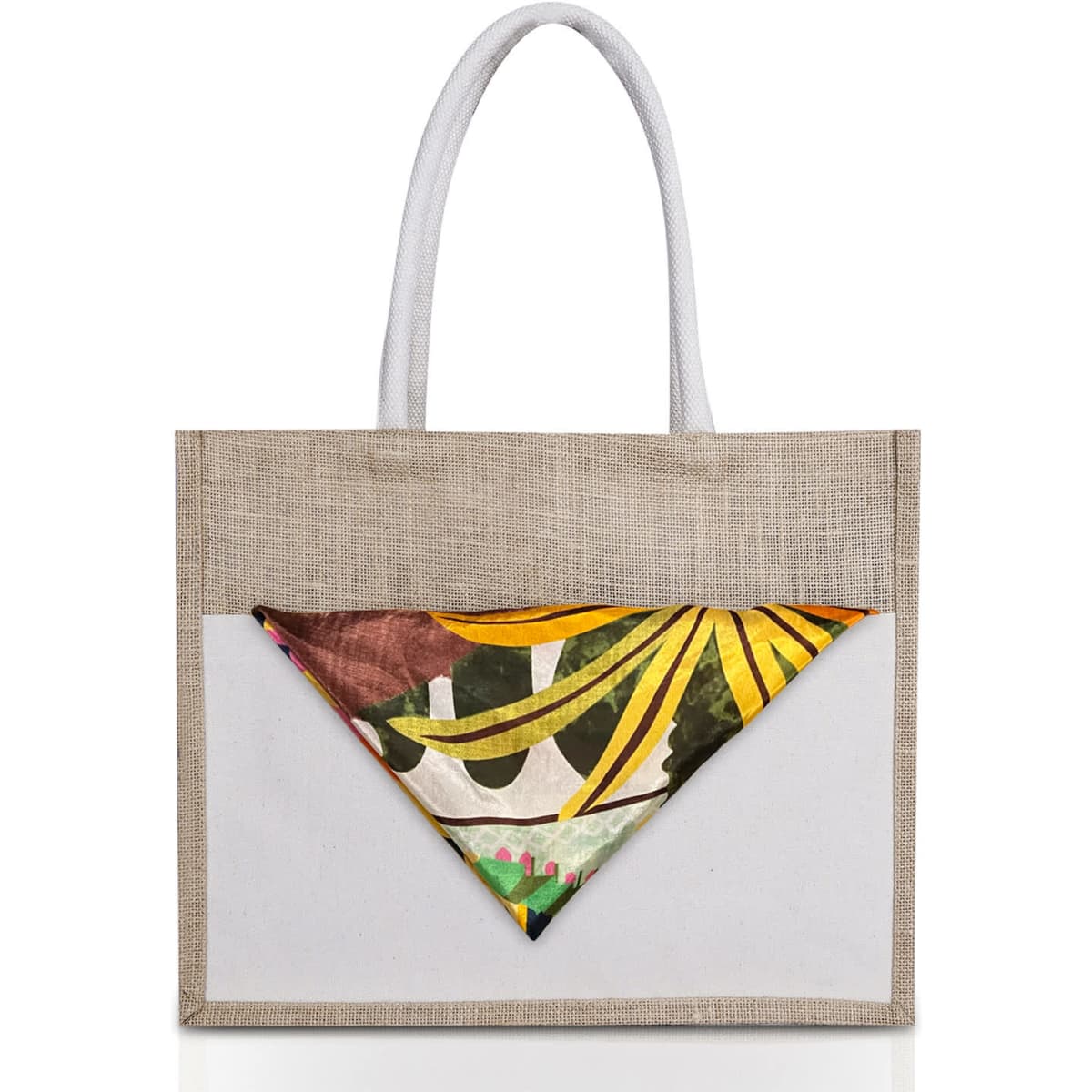 A beige tote bag featuring a decorative triangular silk pocket square with vibrant floral patterns.