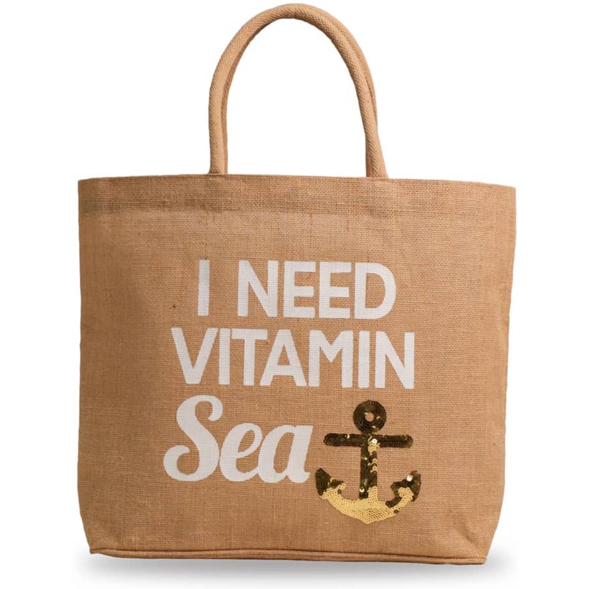 A jute bag in natural colour featuring sequin details and a design with the text "I Need Vitamin Sea" and an anchor.