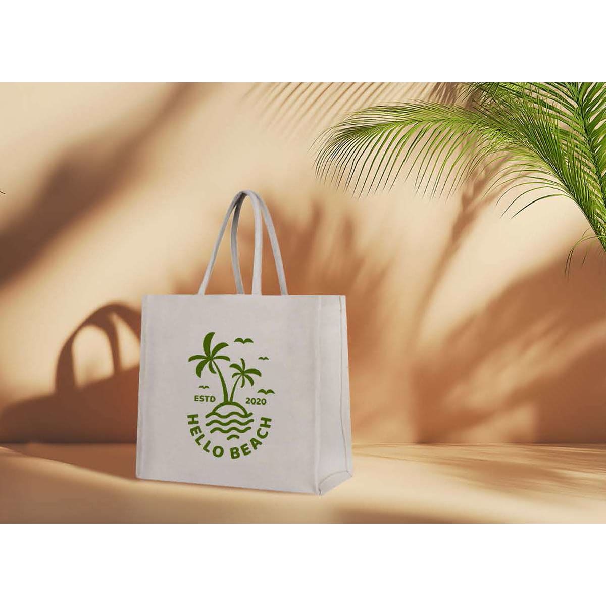 A light canvas bag featuring green palm tree graphics and a logo, set against a warm, minimalist background.