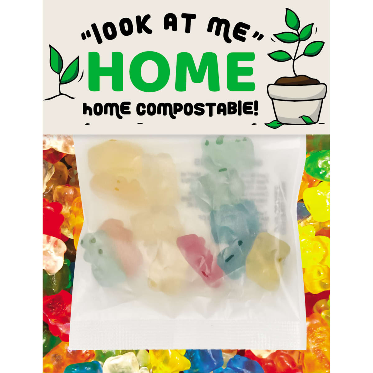 A packet of multi-coloured, gummy bear lollies with a home compostable feature, set against a vibrant background of gummi lollies.