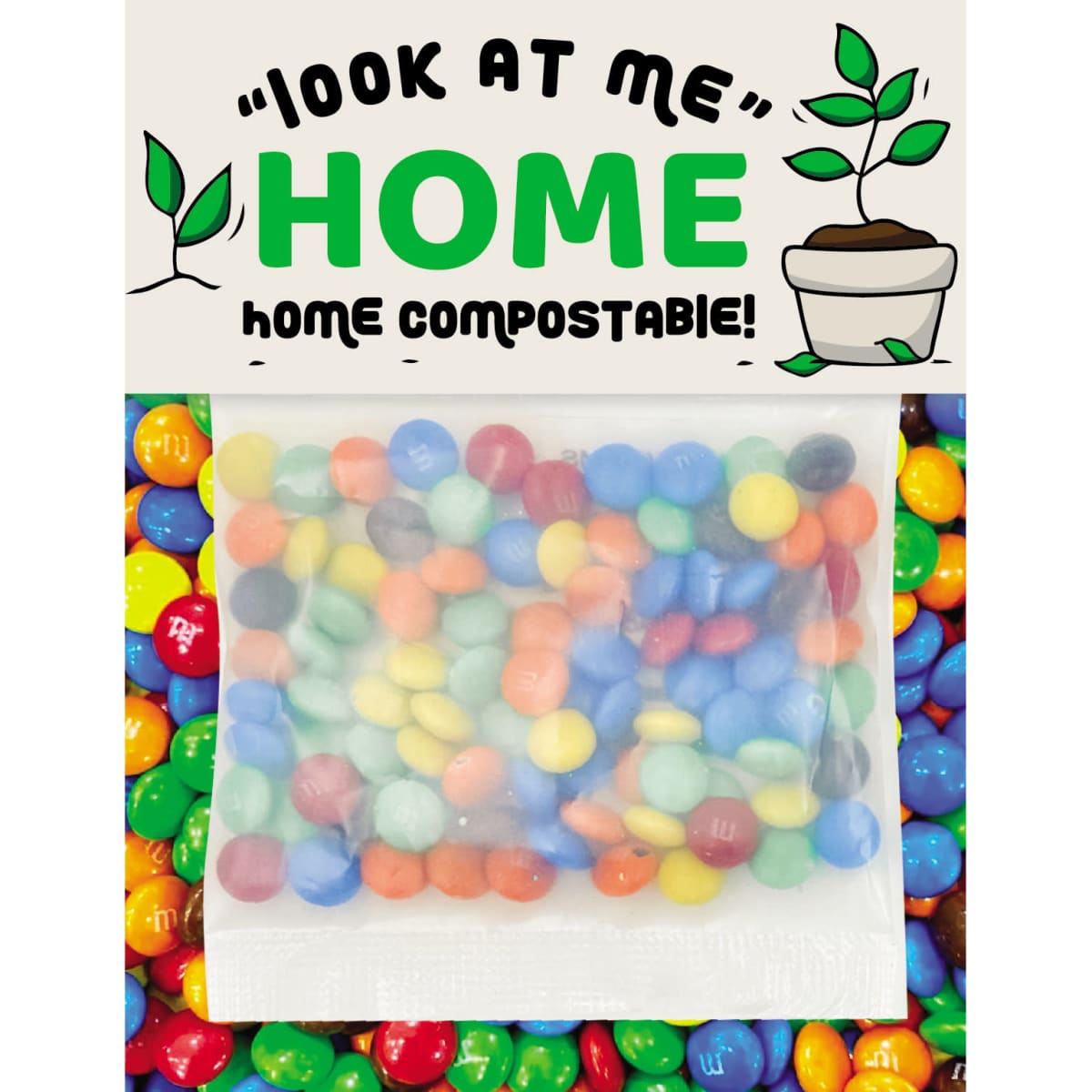 A clear bag filled with colourful mini chocolate beans, surrounded by vibrant chocolate bean graphics. Features branding.