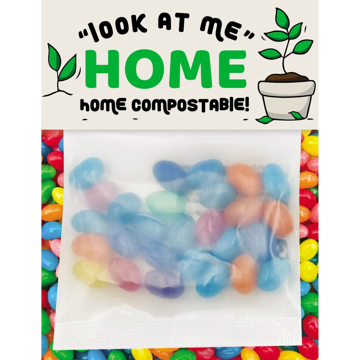 Mini jelly beans in various colours, packaged in a clear bag. Features a compostable branding element.