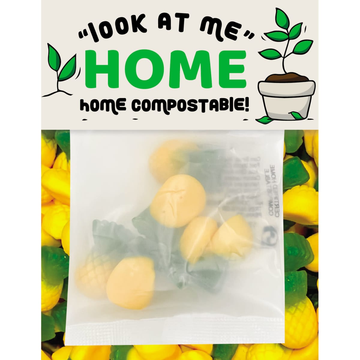 Chewy fruit confectionery featuring yellow and green pineapple-shaped pieces, packaged in a clear, compostable bag.