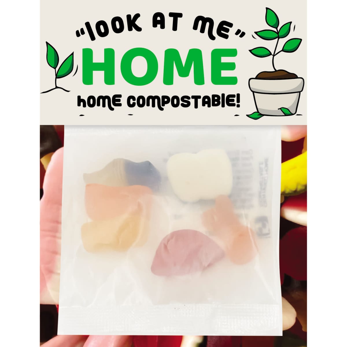 Chewy fruit confectionery in assorted shapes and colours, packaged in a clear bag with a compostable label.