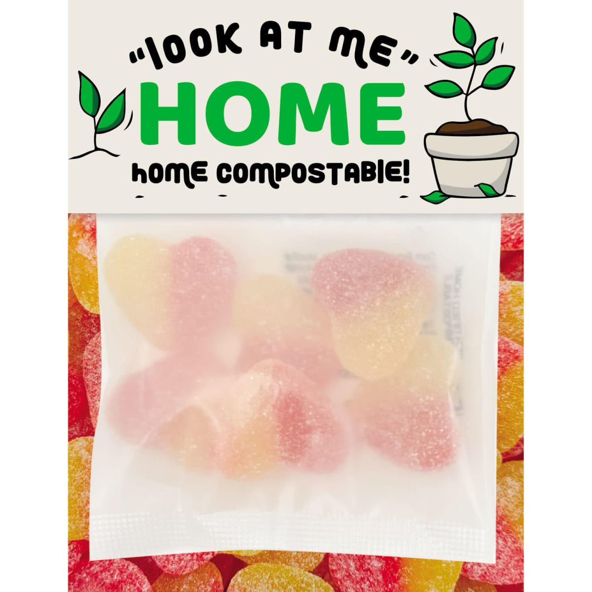 ECO Sour Peach Hearts in a clear bag, featuring pink and yellow gummy hearts. Includes a compostable branding logo.