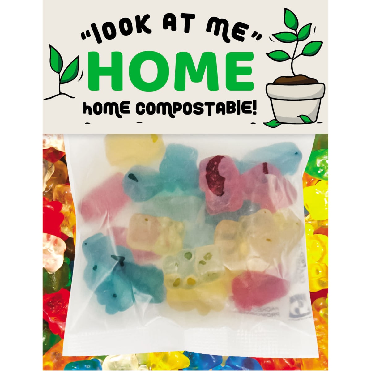 A bag of colourful gummy bears in various shapes, featuring a compostable packaging and a logo.