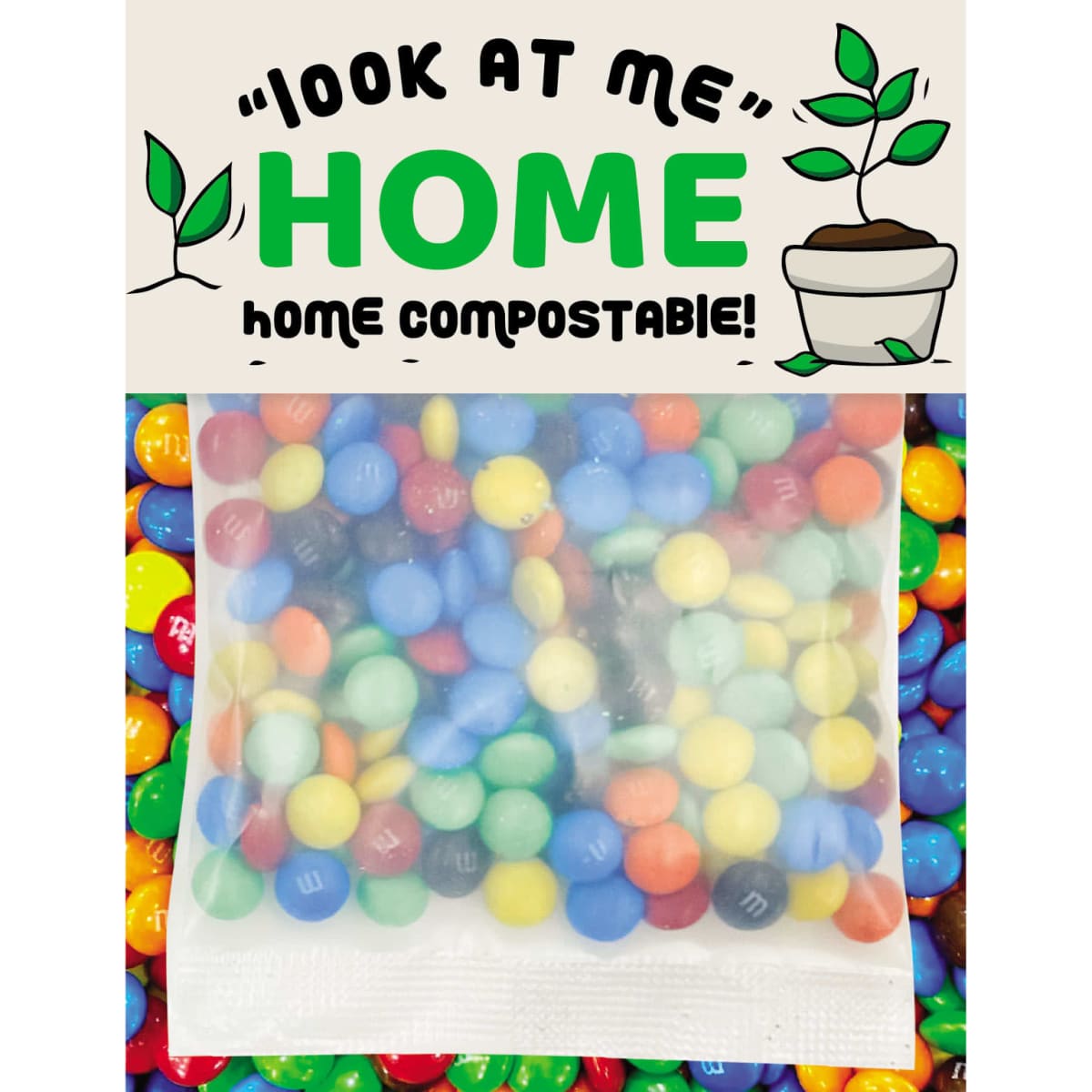 A clear bag filled with ECO Mini M&Ms in various colours, set against a backdrop of colourful chocolate candies.