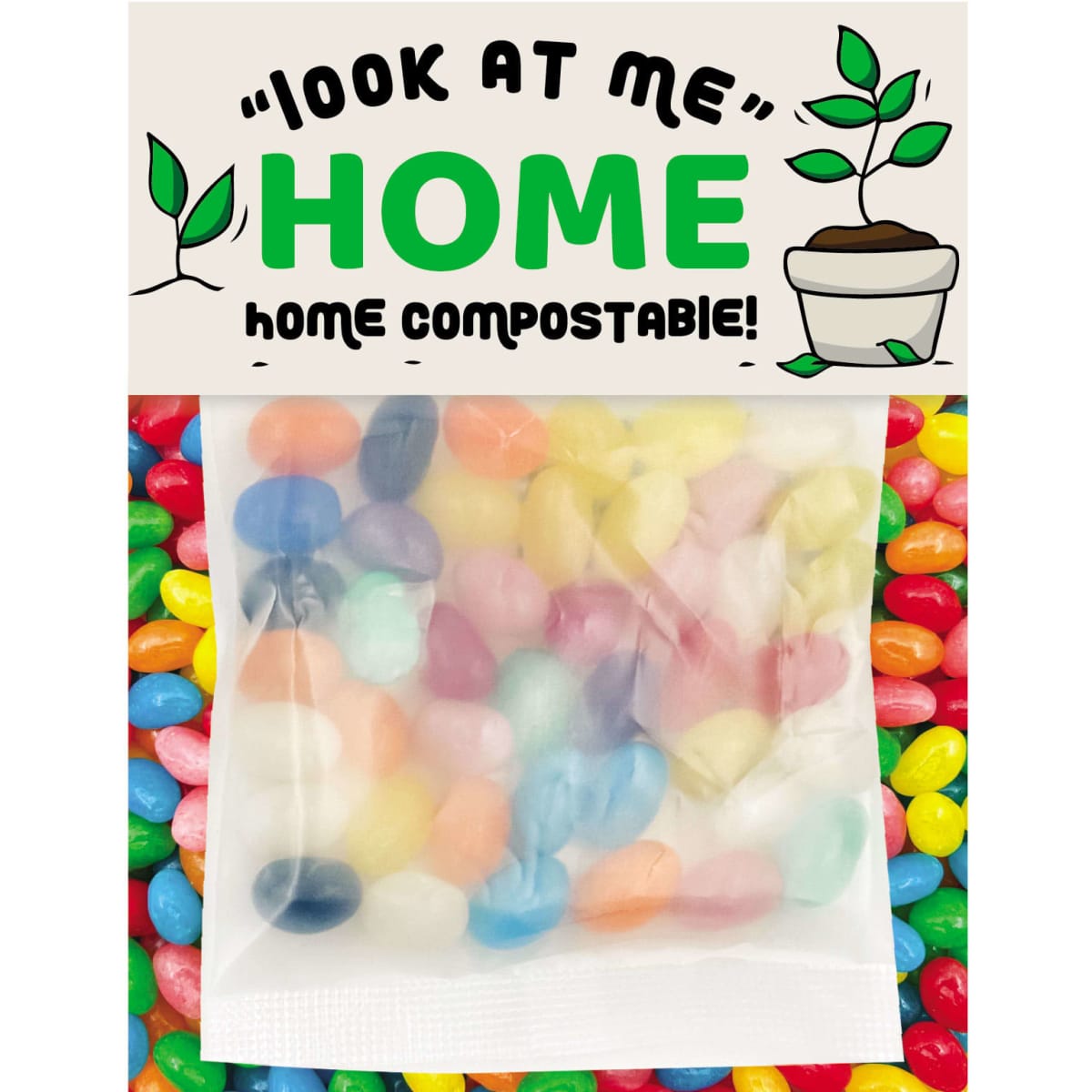 A bag of colourful jelly beans displayed on a vibrant background with a home compostable label and plant graphics.