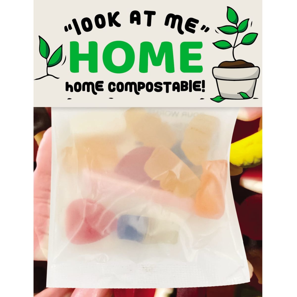 A packet of mixed lollies in various colours, featuring a logo and compostable packaging.