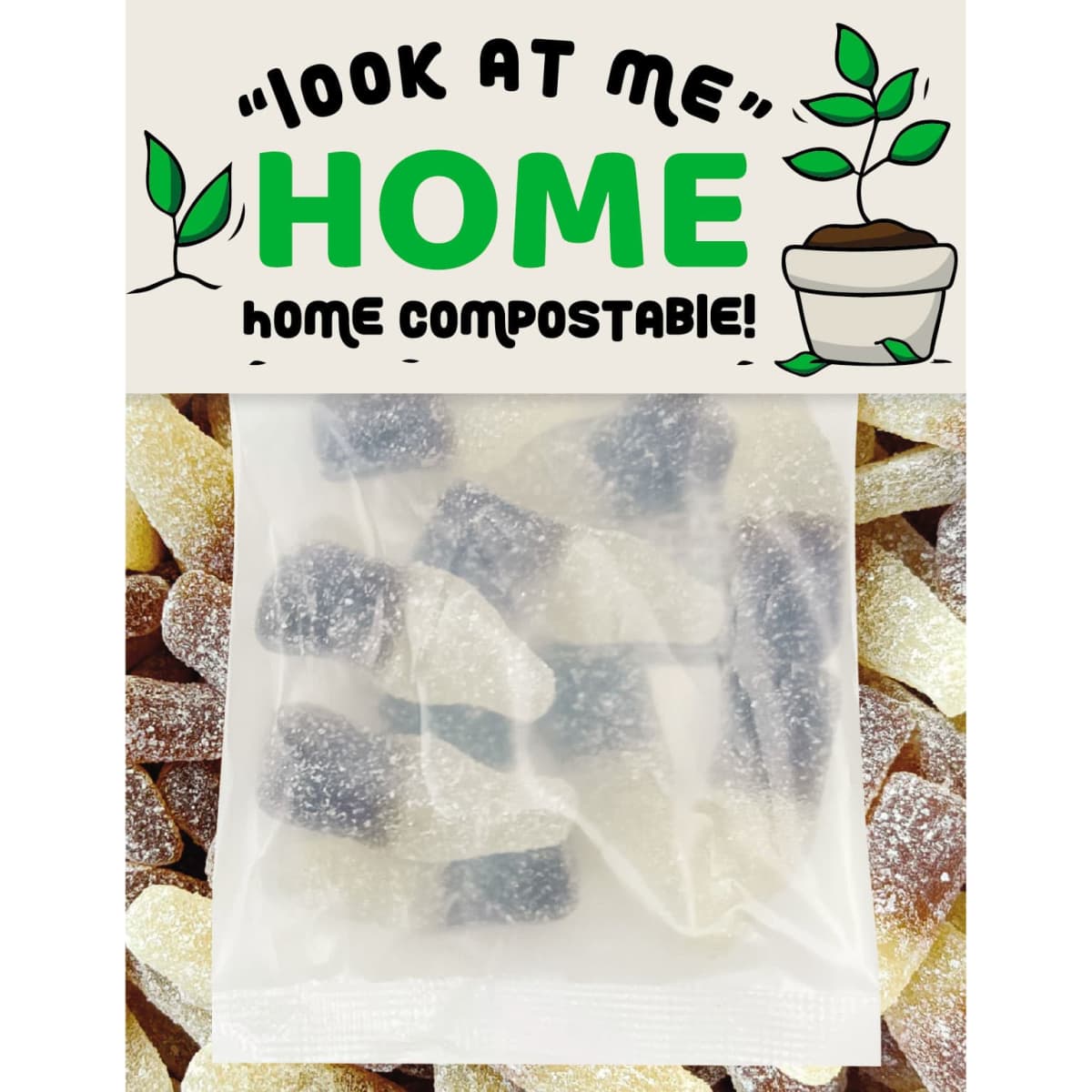 A packet of ECO Sour Cola Bottles featuring green and dark brown gummy candies, packaged with a compostable presentation.