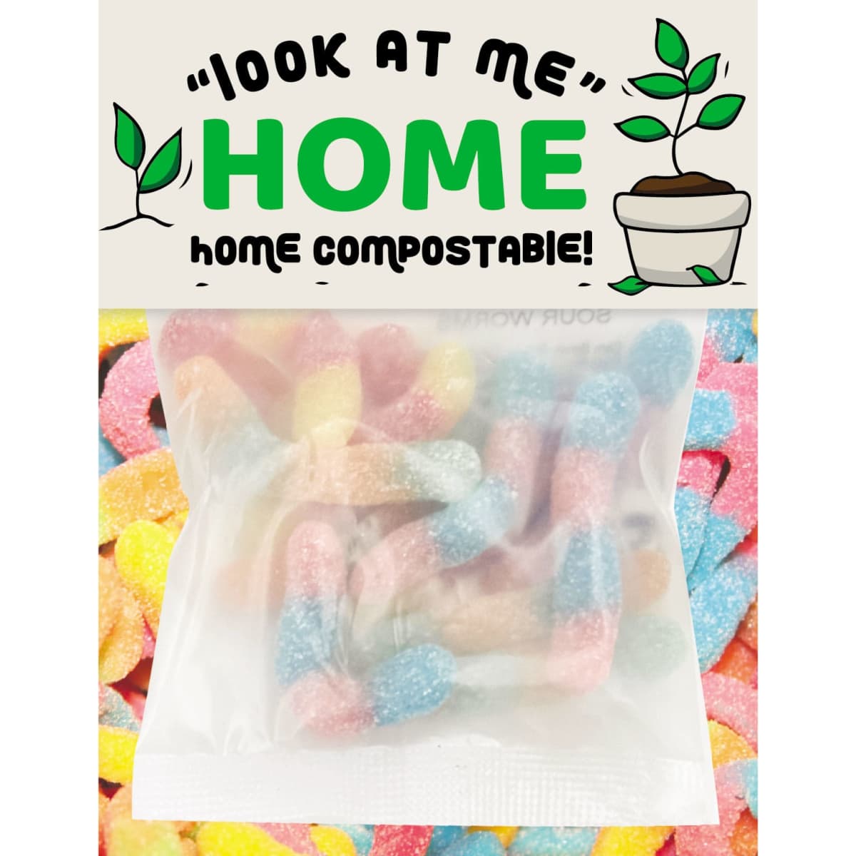 A clear bag filled with colourful sour worm gummy lollies in pink, blue, and yellow hues.
