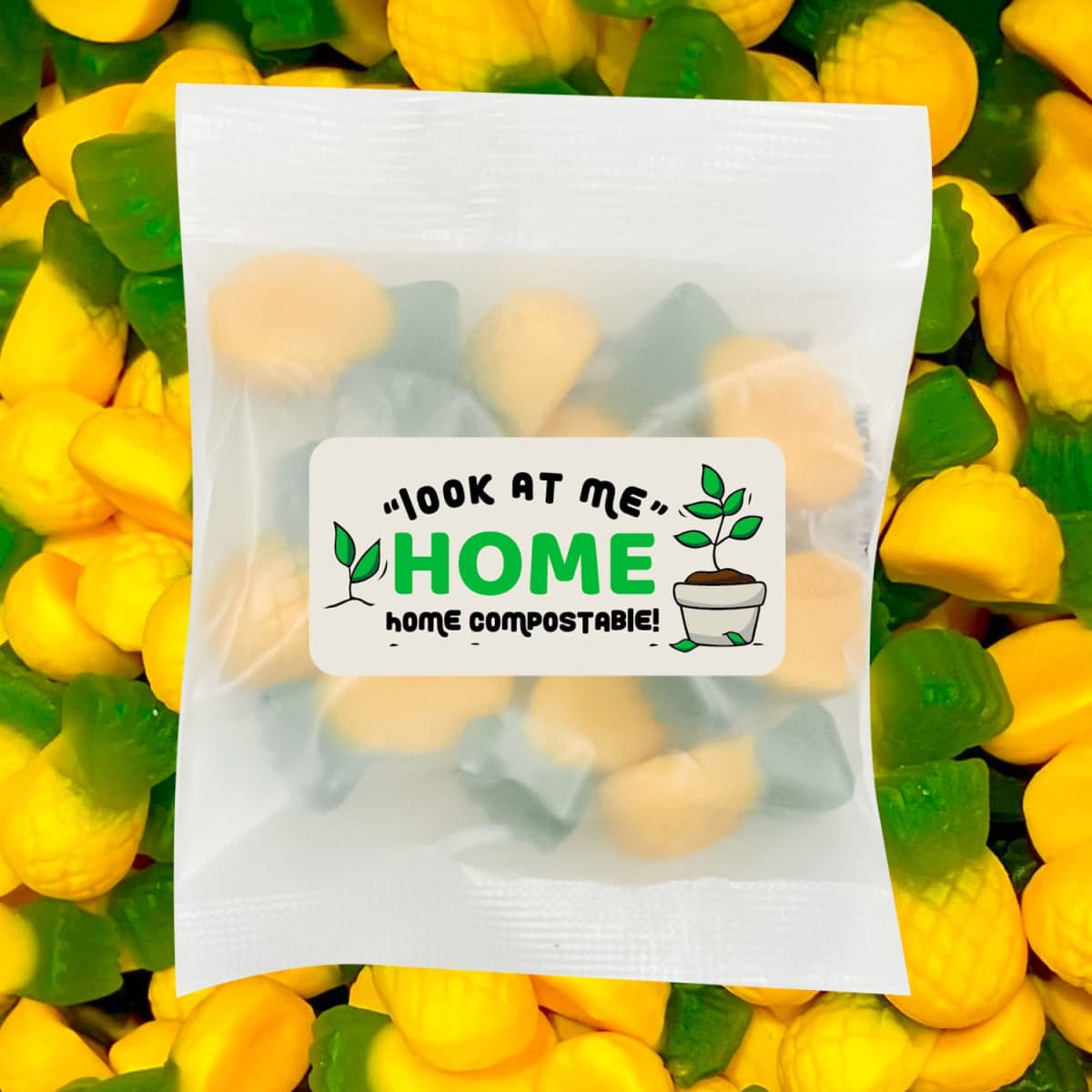 A clear package of ECO Allens Pineapples gummy lollies, featuring yellow and green shapes against a colourful background.